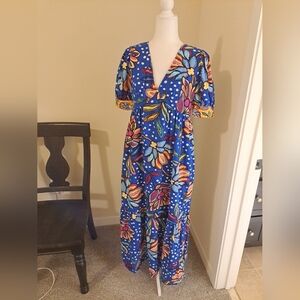 Tabitha Brown Target Blue Polka Dot Floral Puff Sleeve Maxi Dress Sz 4 EUC